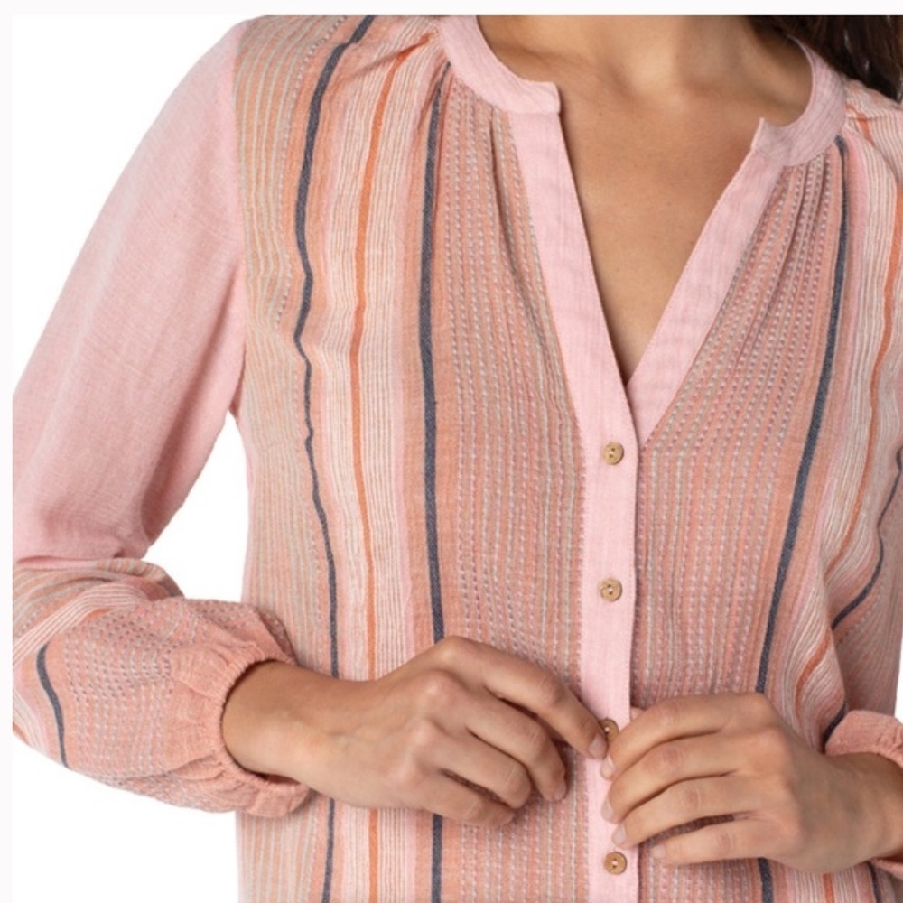Liverpool Pink Cotton Button Up Front Shirred Blouse sz S